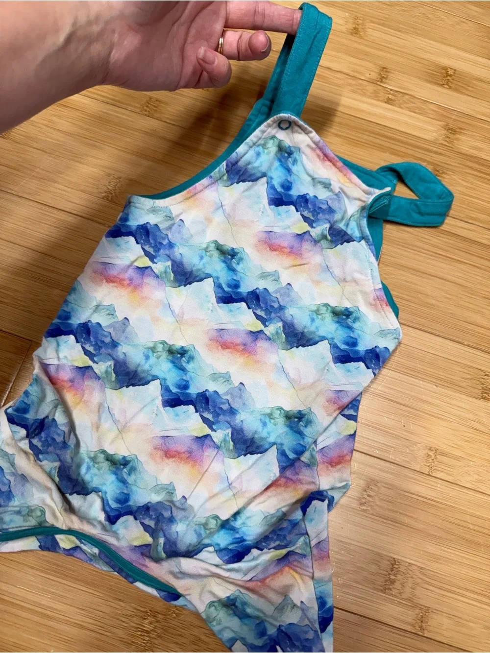 Bamboo Watercolor Mountain Print Baby Romper - Teal Trim